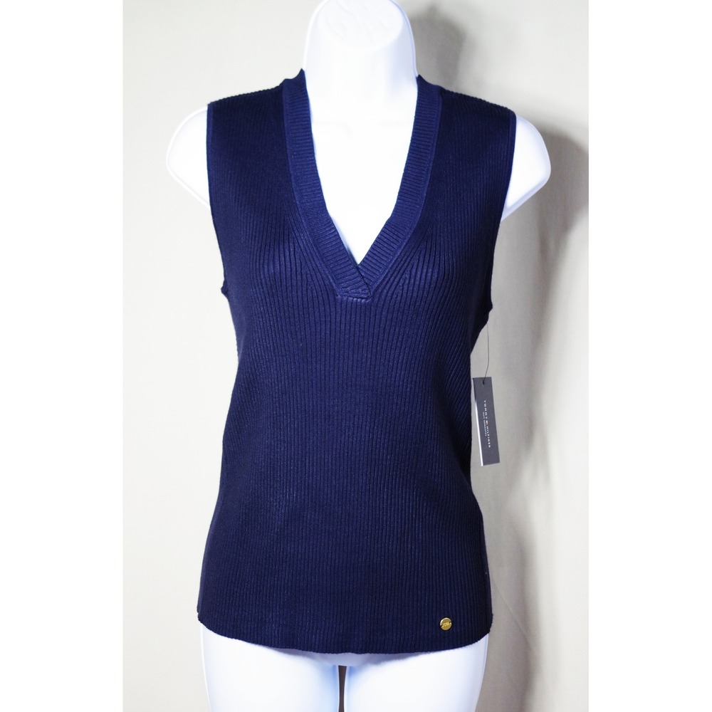 Tommy Hilfiger Women's Medium Navy Blue Ribbed V-Neck Sweater Suit Separates